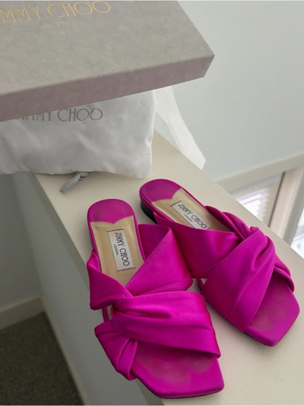 Jimmy Choo Hot Pink Satin Knot Slide Mules - Picture 3 of 6